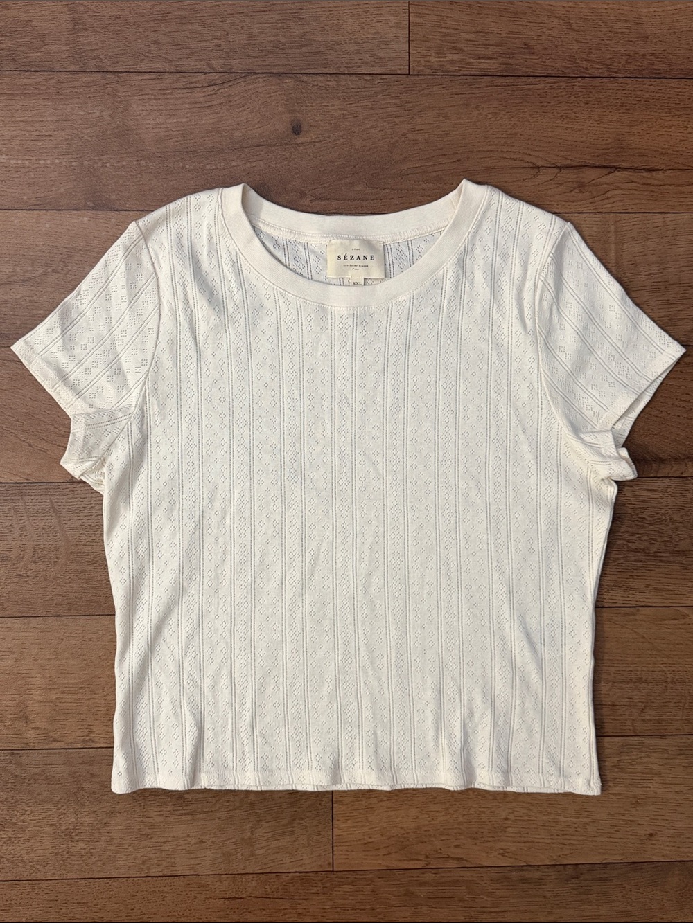 Sezane Size XXL Camil Short Sleeve T Shirt Cream Pointelle 100% Cotton Soft Cozy